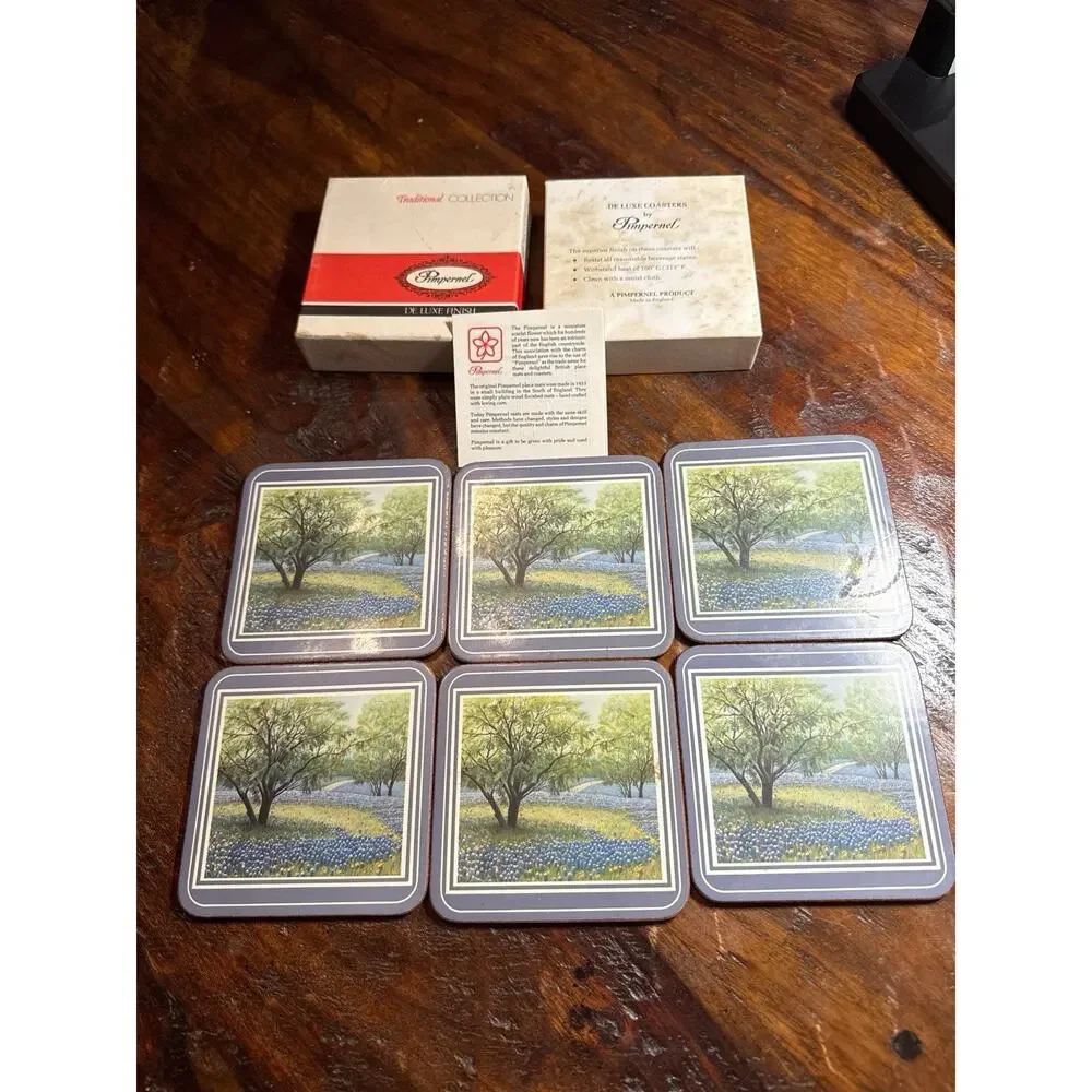 Vintage Pimpernel Coasters Set of 6 Texas Bluebonnets De Luxe Cork Back With Box